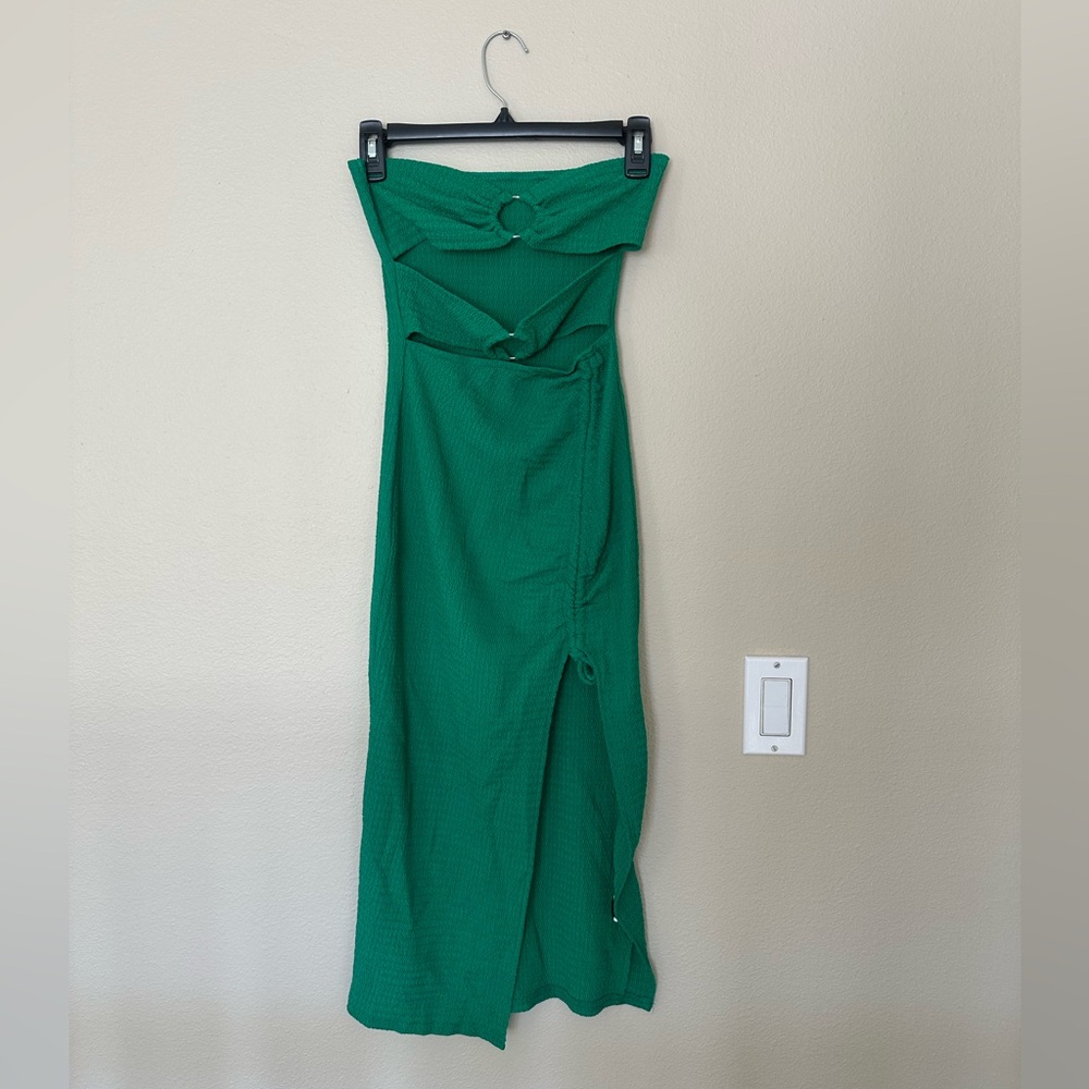Green strapless midi dress